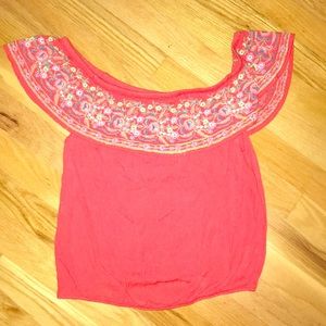Small red Arizona jeans off the shoulder top